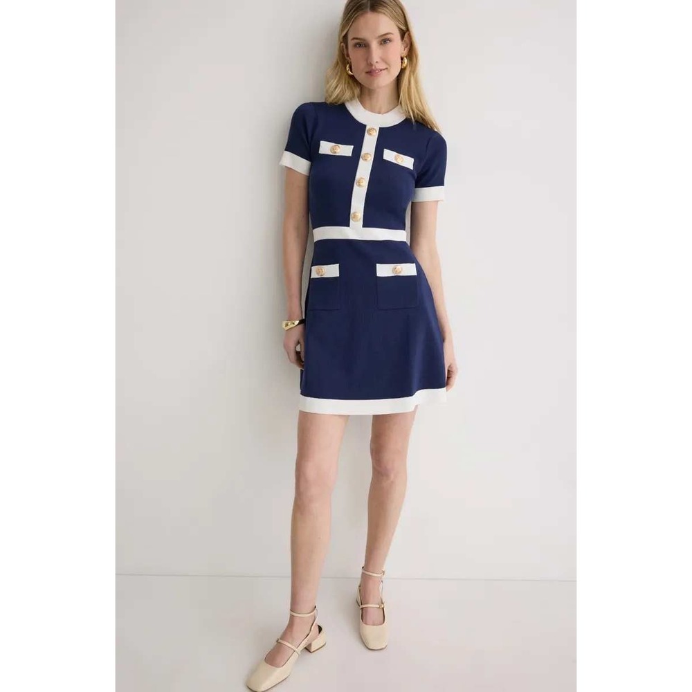 Alexia Admor Beatrix Mini Dress Navy Blue White Contrast Knit Button Women XS